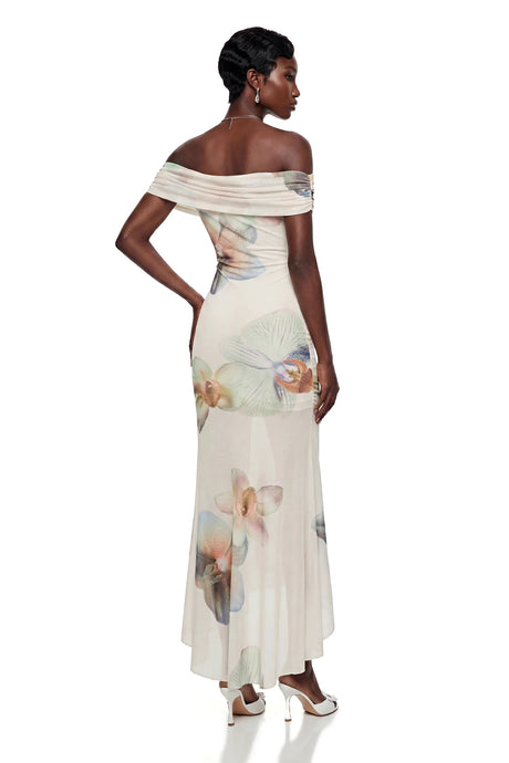 Adeline White Floral Print Off Shoulder Maxi Dress