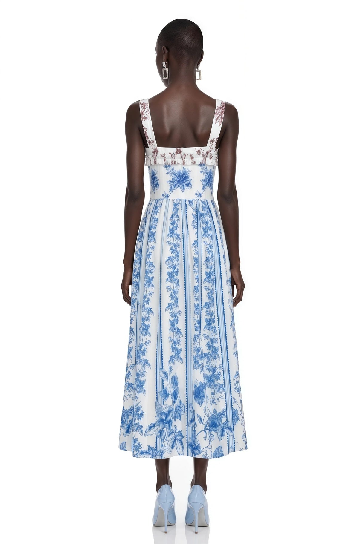 Adeliza Blue Floral Print Square Neck Midi Dress