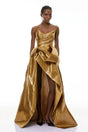 Adina Gold Glossy Asymmetrical Ruched Gown