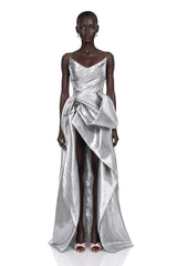 Adina Silver Glossy Asymmetrical Ruched Gown