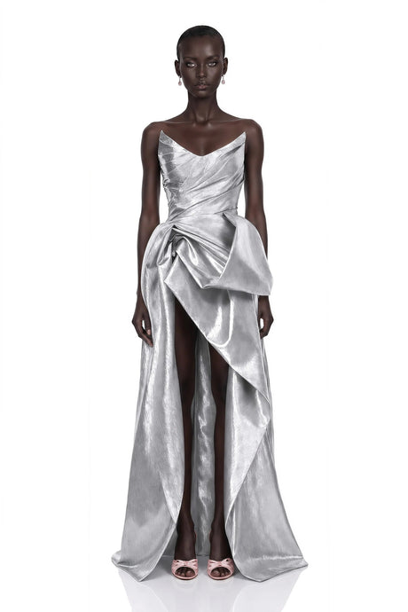 Adina Silver Glossy Asymmetrical Ruched Gown