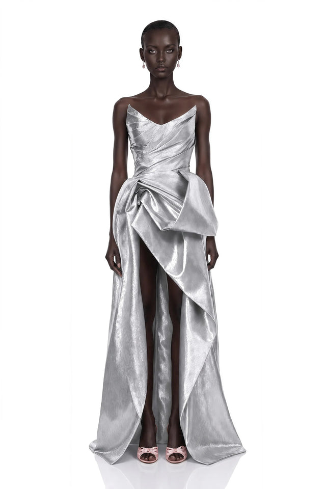 Adina Silver Glossy Asymmetrical Ruched Gown