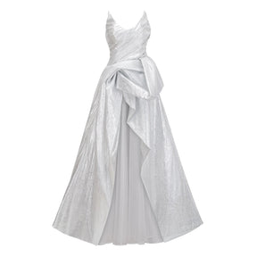 Adina Silver Glossy Asymmetrical Ruched Gown