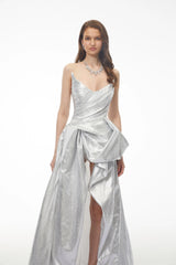 Adina Silver Glossy Asymmetrical Ruched Gown