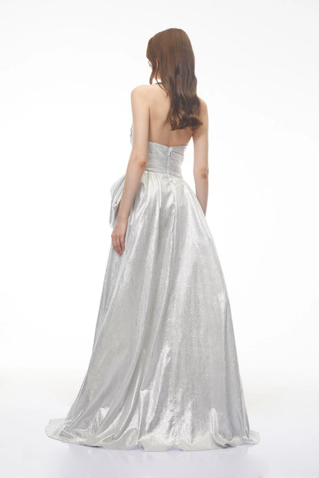 Adina Silver Glossy Asymmetrical Ruched Gown