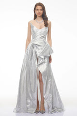 Adina Silver Glossy Asymmetrical Ruched Gown