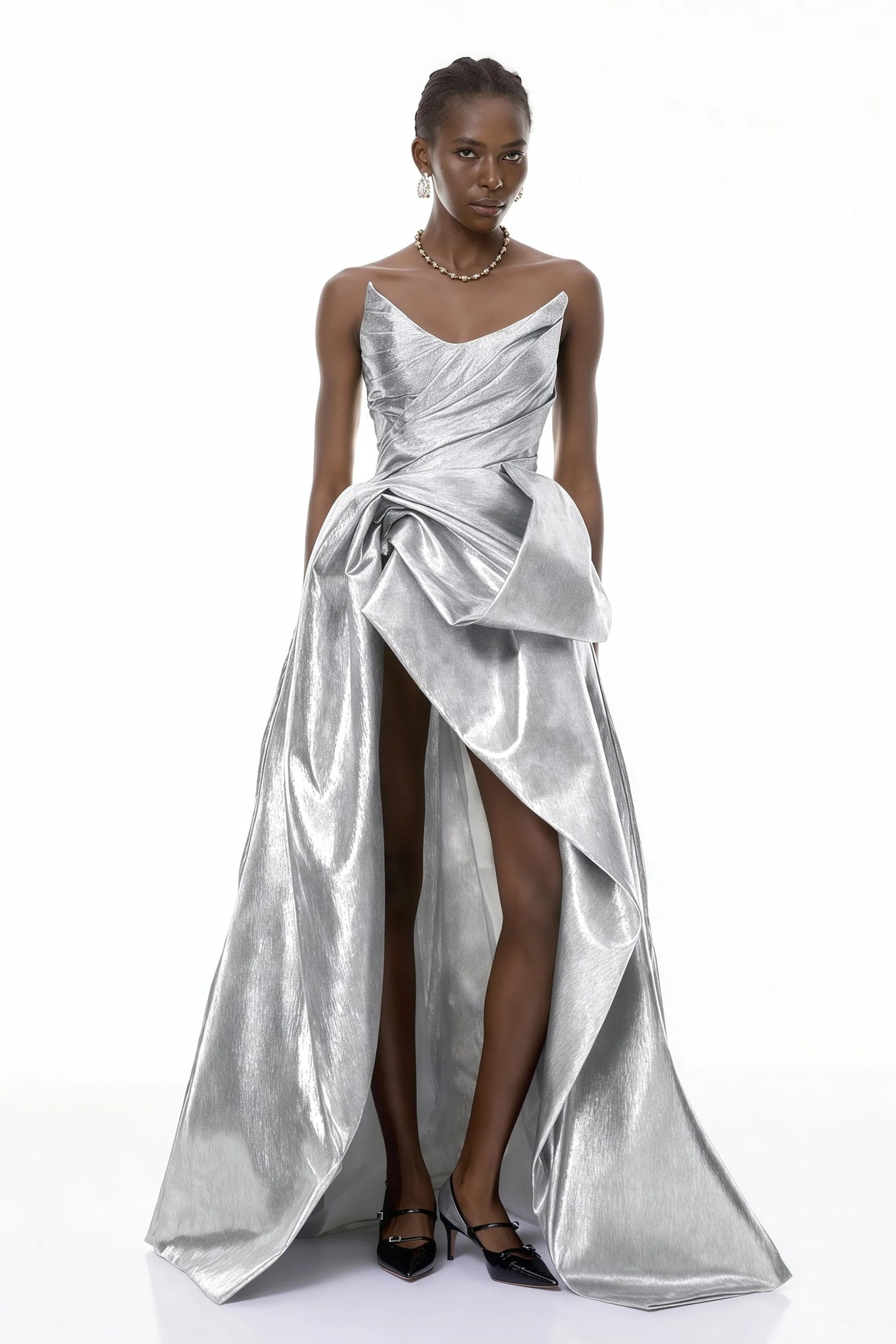 Adina Silver Glossy Asymmetrical Ruched Gown