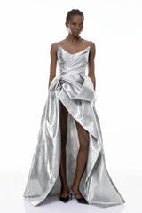 Adina Silver Glossy Asymmetrical Ruched Gown
