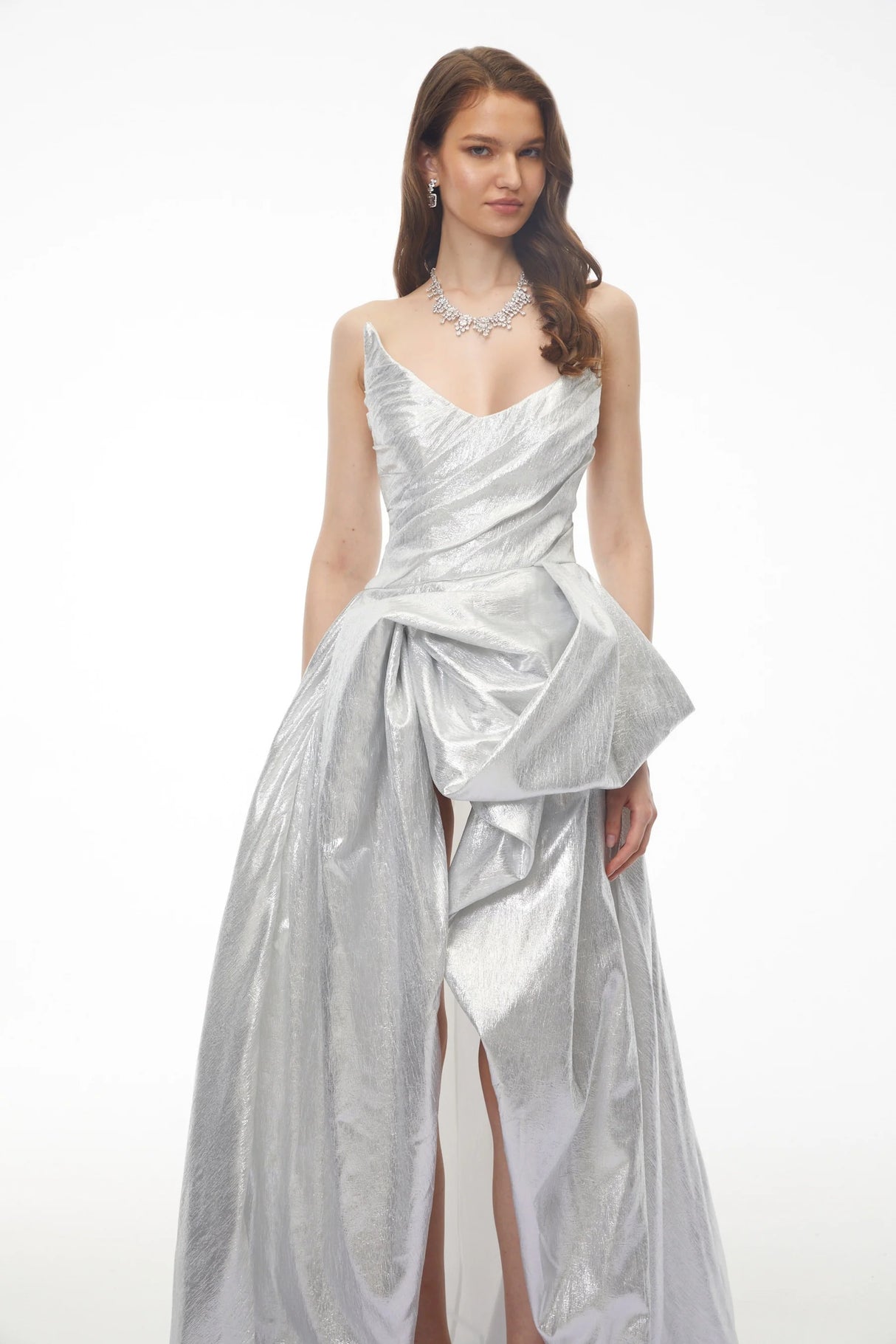 Adina Silver Glossy Asymmetrical Ruched Gown