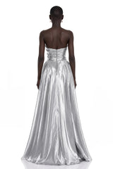 Adina Silver Glossy Asymmetrical Ruched Gown