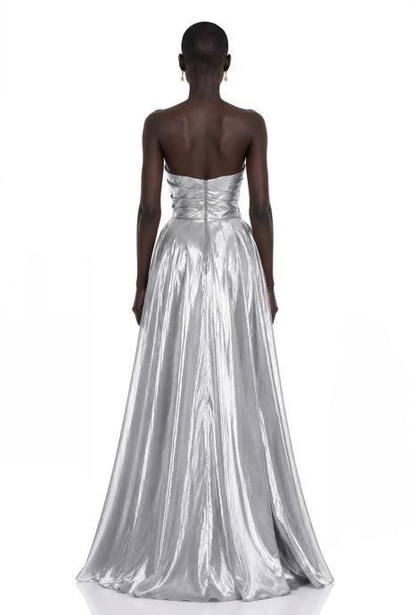 Adina Silver Glossy Asymmetrical Ruched Gown