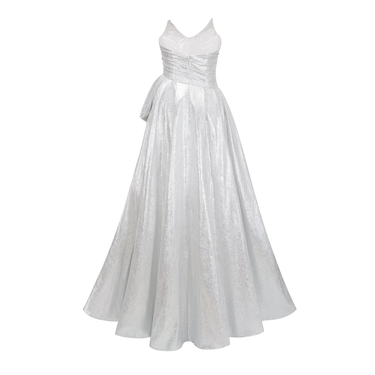 Adina Silver Glossy Asymmetrical Ruched Gown