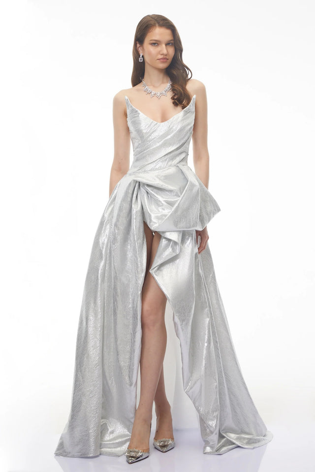 Adina Silver Glossy Asymmetrical Ruched Gown