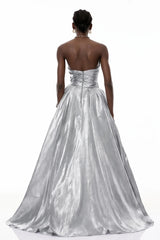 Adina Silver Glossy Asymmetrical Ruched Gown