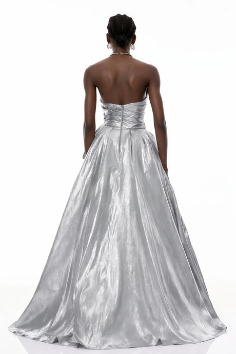 Adina Silver Glossy Asymmetrical Ruched Gown