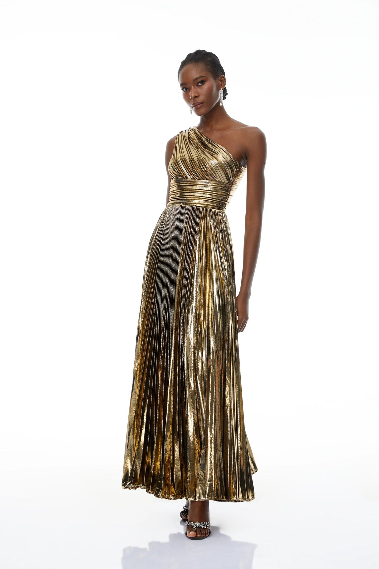 Adrián Gold One Shloulder Ruched Maxi Dress