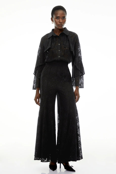 Adriana Black Long Sleeve Lace Blouse  Trousers Set