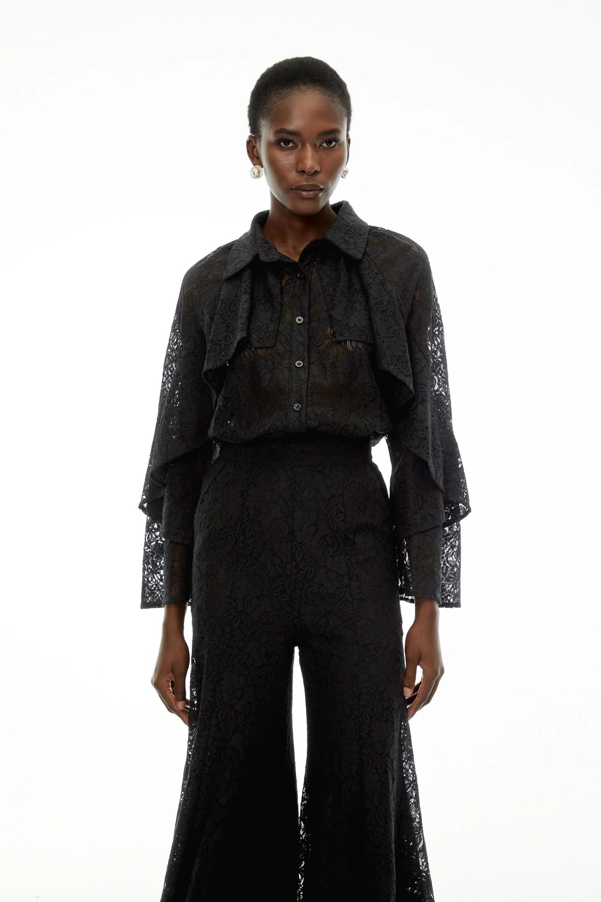 Adriana Black Long Sleeve Lace Blouse  Trousers Set