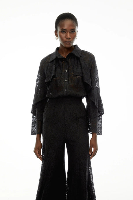 Adriana Black Long Sleeve Lace Blouse  Trousers Set