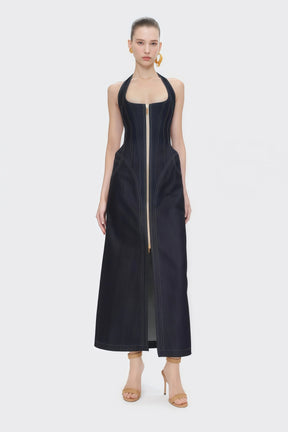 Adrienne black denim frontslit contraststitching maxi dress