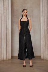 Adrienne black denim frontslit contraststitching maxi dress