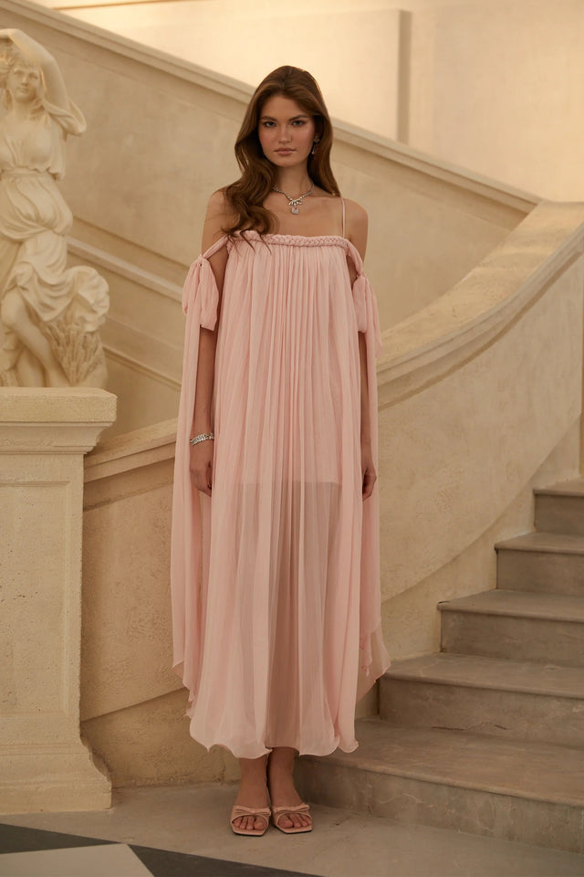 Agathe Pink Braid Detail Pleated Maxi Dress
