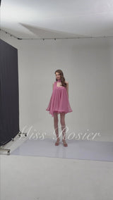 Agathe Rose Pink Off Shoulder Ruched Mini Dress with Ribbon