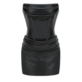 Agnes Black Ruched Leather Bodycon Mini Dress