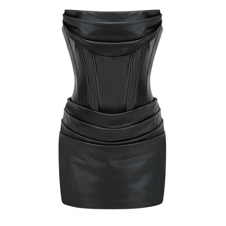 Agnes Black Ruched Leather Bodycon Mini Dress