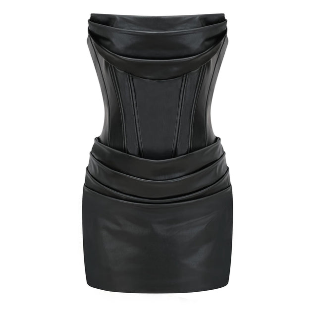 Agnes Black Ruched Leather Bodycon Mini Dress