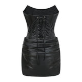 Agnes Black Ruched Leather Bodycon Mini Dress