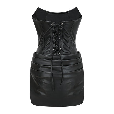 Agnes Black Ruched Leather Bodycon Mini Dress