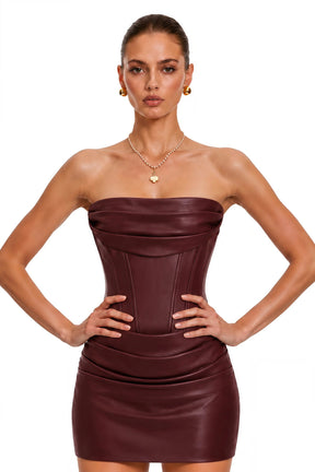 Agnes Brown Ruched Leather Bodycon Mini Dress