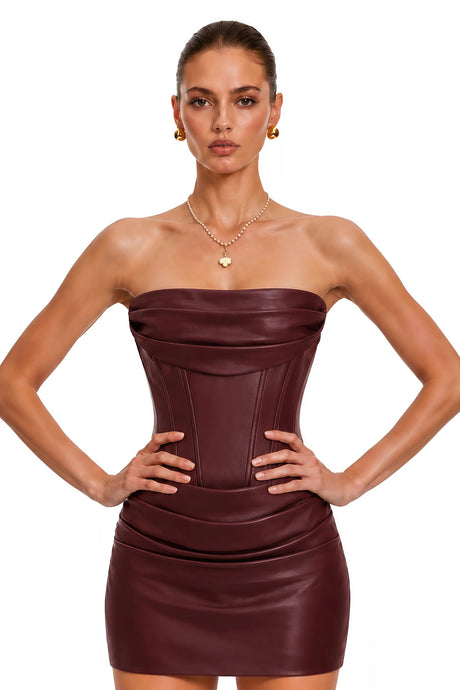 Agnes Brown Ruched Leather Bodycon Mini Dress