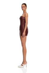 Agnes Brown Ruched Leather Bodycon Mini Dress