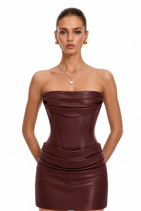 Agnes Brown Ruched Leather Bodycon Mini Dress