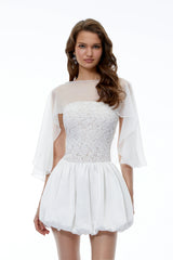 Agnes White Off Shoulder Floral Panel Puffball Mini Dress with Cape