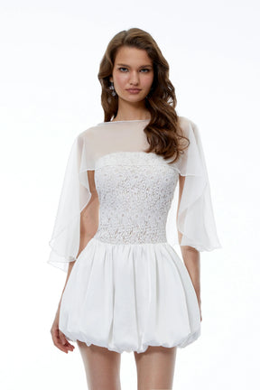 Agnes White Off Shoulder Floral Panel Puffball Mini Dress with Cape