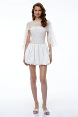 Agnes White Off Shoulder Floral Panel Puffball Mini Dress with Cape
