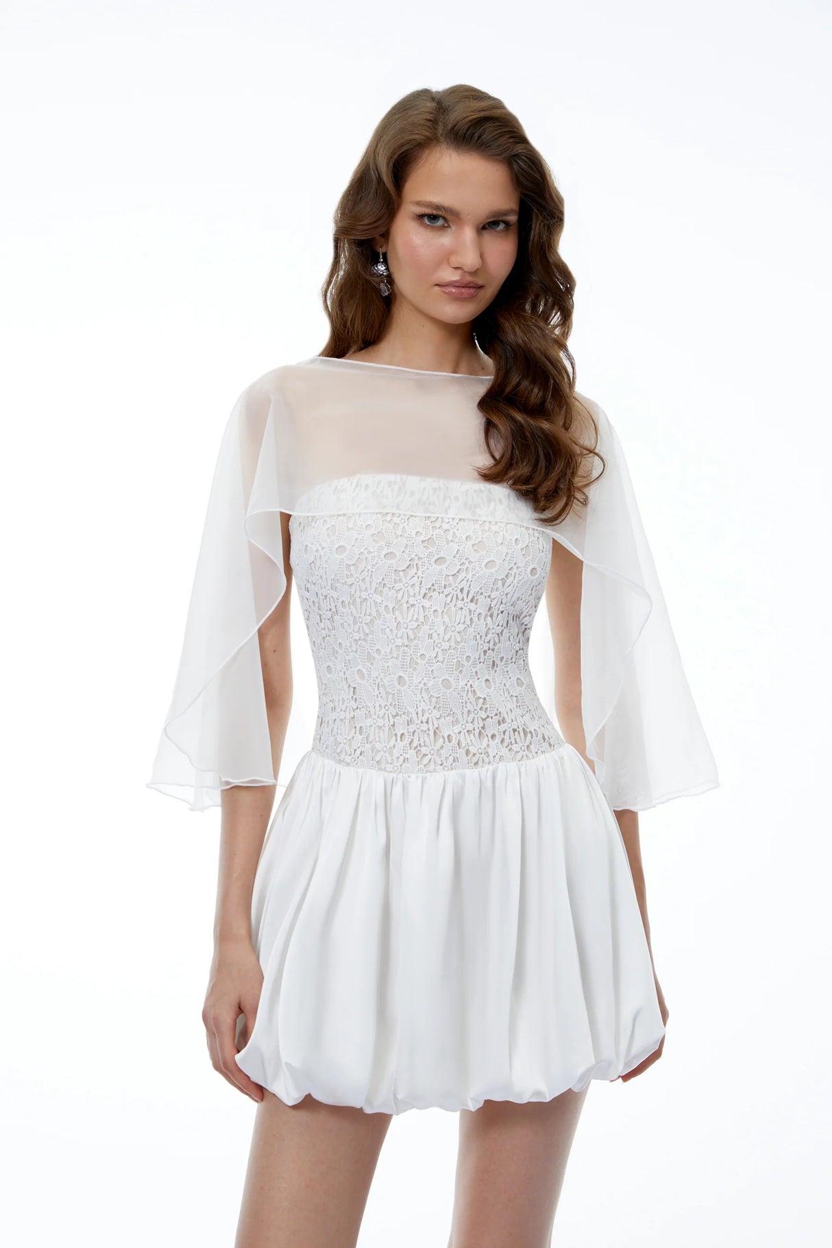 Agnes White Off Shoulder Floral Panel Puffball Mini Dress with Cape