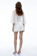 Agnes White Off Shoulder Floral Panel Puffball Mini Dress with Cape