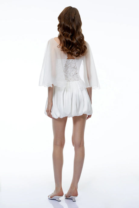 Agnes White Off Shoulder Floral Panel Puffball Mini Dress with Cape