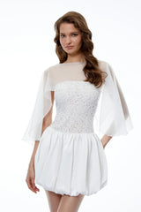 Agnes White Off Shoulder Floral Panel Puffball Mini Dress with Cape