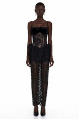 Agneta Black Sweetheart Lace Ruffled Maxi Dress