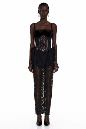 Agneta Black Sweetheart Lace Ruffled Maxi Dress