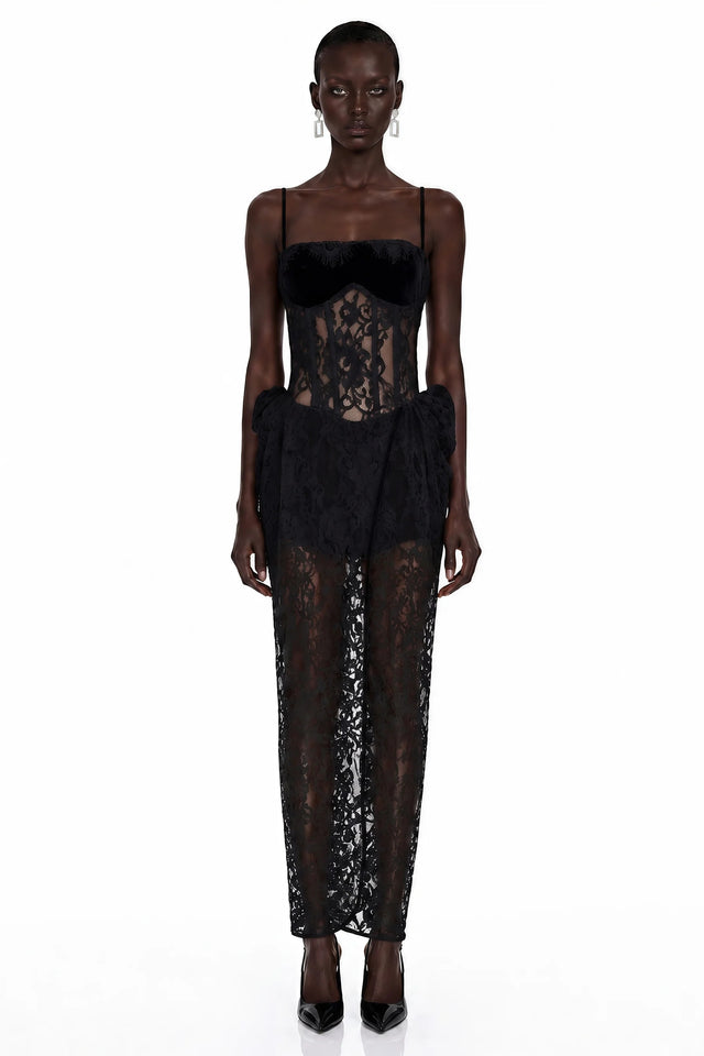 Agneta Black Sweetheart Lace Ruffled Maxi Dress