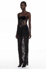 Agneta Black Sweetheart Lace Ruffled Maxi Dress