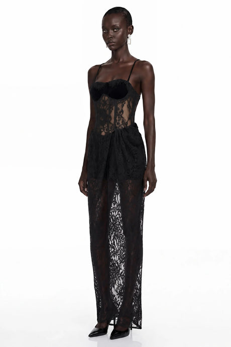 Agneta Black Sweetheart Lace Ruffled Maxi Dress