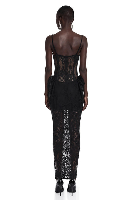 Agneta Black Sweetheart Lace Ruffled Maxi Dress