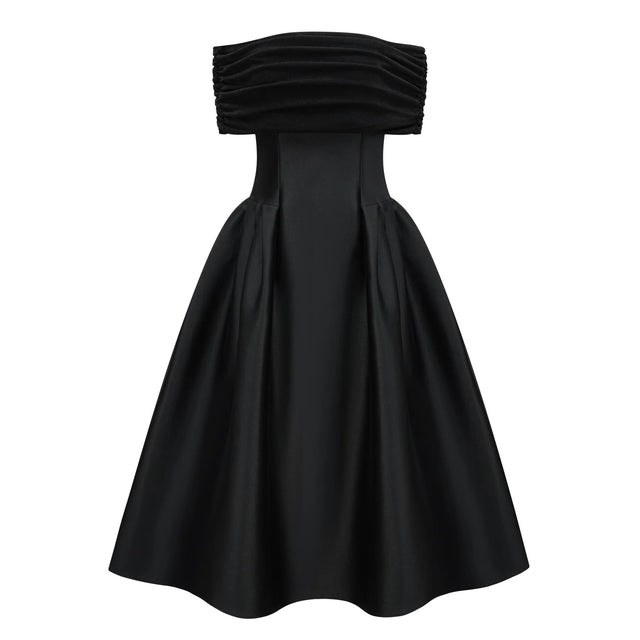 Ainara Black Off Shoulder Polished Midi Dress